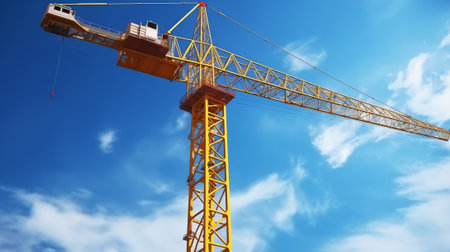 Bottom view of a powerful construction crane against a blue sky. Positive background on the theme of construction with an empty space.の素材