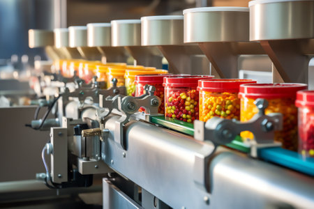 Empty cans on the conveyor of a food factoryの素材