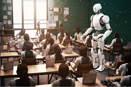 3d rendering robot assembly line with robot arms and cyborgsの素材