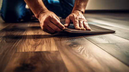 Close-up of adult man installing new laminated wooden floor in room. Professional worker in protective white gloves. Qualified foreman. Construction site conceptの素材
