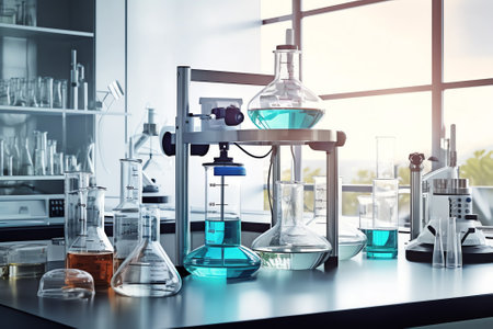 Glasswares and microscope in classroom or laboratory. Science and education. Scientific experiment, Researcher, Research conceptの素材