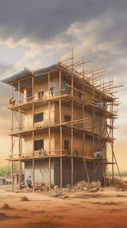 Structure of an abandoned building under construction, in a sunset with blue sky and a little cloudy.の素材