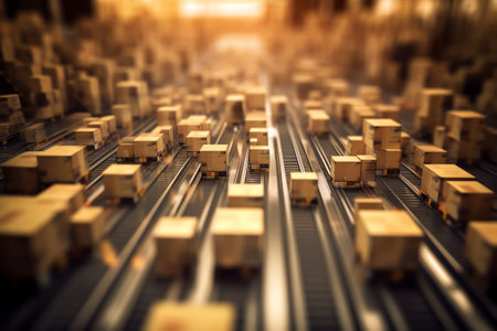 Blurred view of warehouse shelves filled with cardboard boxes. Defocused background of a large distribution centre.の素材