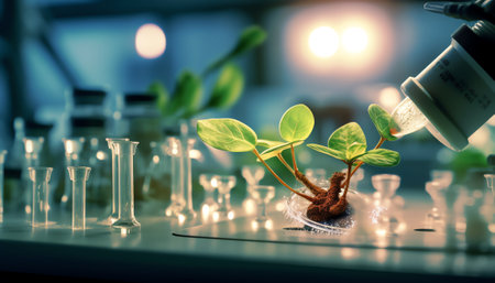 Laboratory glassware with plant sprouts. On an empty background. Isolated. PNG. Greens, sprouts, research, bio engineering, study, cultivation.の素材