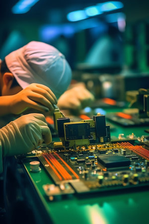 "Klang, Malaysia- Circa January, 2022: Low light and selective focus with noise effect of electronic manufacturing assembly line.の素材