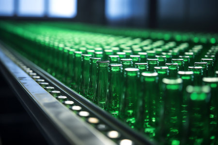 Beverage factory interior. Conveyor flowing with bottles green for water.の素材