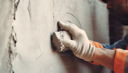 Worker plastering a wall with putty knife. Selective focus.の素材