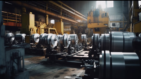 3d rendering of roll steel, stainless or galvanized steel coil inside factory, store or warehouse. Include overhead crane, increase bar chart or graph. Concept of growth profit, stの素材