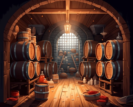 Alcohol, wooden wine barrel and equipment for brewing champagne or beer. Manufacturing product or assembly line, cask for beverage or drink at warehouse or factory and industrial tの素材