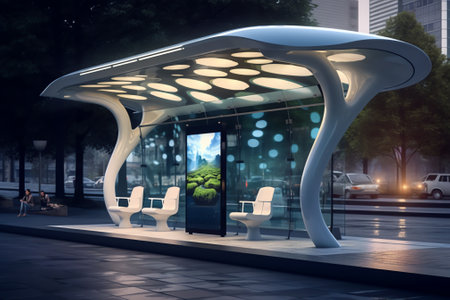 Bus stop equipped with flexible solar panels for lighting and charging of mobile gadgets. Ecological urban environment. 3D rendering.の素材