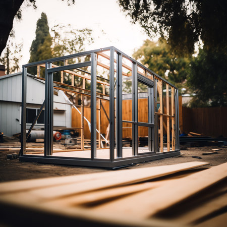 Fenced construction site with a shed for workers on a city streetの素材