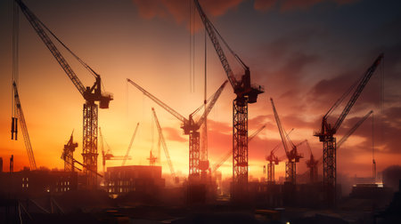 Cranes silhouettes and cloudy sky when sun goes downの素材