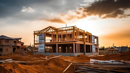 The structure of wood framing at construction site against a vast cloudy sky with bright sun behind. New build home at empty lot. framework ready for wall and roof install. Real esの素材