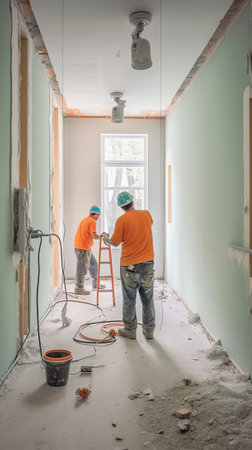 Building repair. Installation of partitions in the room. Frames for fixing wall panels. Repair work in the room. Construction site in a building without people. Empty constructionの素材