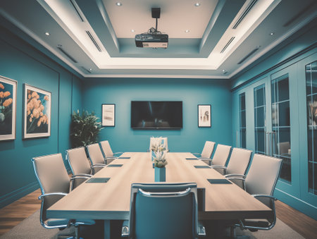 free conference room with flipchart, table, chairs,blue walls. floor with brown carpetの素材