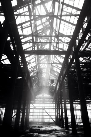 Abstract view of old steel girders, looking upwards to old steel construction.の素材