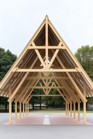 Gable roof truss of a large, vintage factory hall. Roofing construction 
(sheathing) made of wooden planks. Industrial interior.の素材