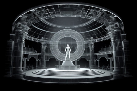 Empty stage in the shape of the factory, stage and assembly lines, 3d rendering. Computer digital drawing.の素材