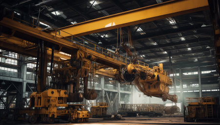 Metallurgical plant interior. Large workshop with metalworking machines. Workers in masks unload sheets of metal on craneの素材