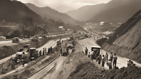 Landscape of construction site with quarried boulders in foreground, mountains in background and concrete overpass in between.の素材