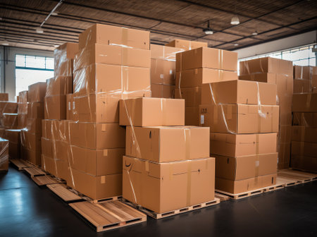 Large number of folded cardboard boxes are made up in a designated place in the assembly hall. Vertically. All potential trademarks are removed.の素材