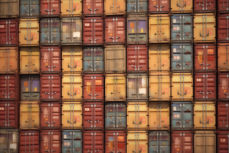 Closeup of Several rusty empty square tin cans stacked in front of a green galvanized fence background at Thailand.の素材