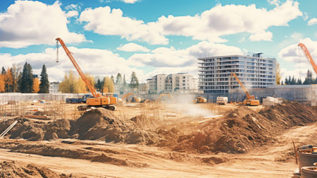 Abandoned construction site on a background of blue sky with clouds. Industrial landscape.の素材