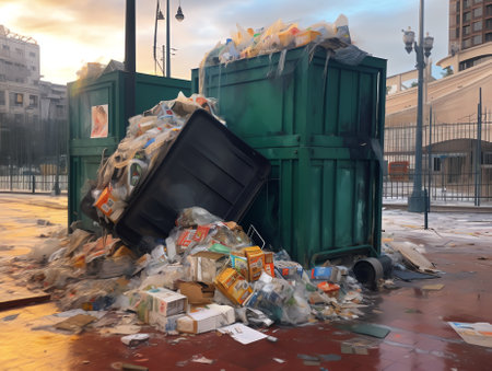 A metal construction container parked on the street full of waste from a nearby construction siteの素材