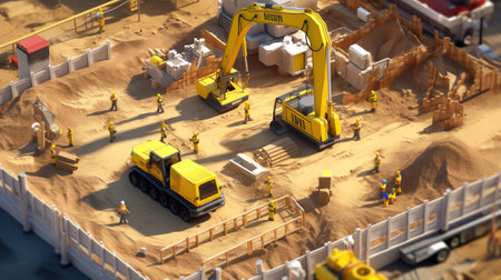 construction is underway on the site, the pines are fenced with yellow boards, there is a pile of clayの素材