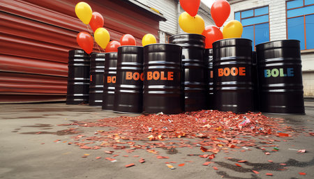 Storage and transportation of petroleum products. Red barrels for oil. Container with crude oil in warehouse. Barrels with sign flammable point cargo container in empty room. 3d reの素材