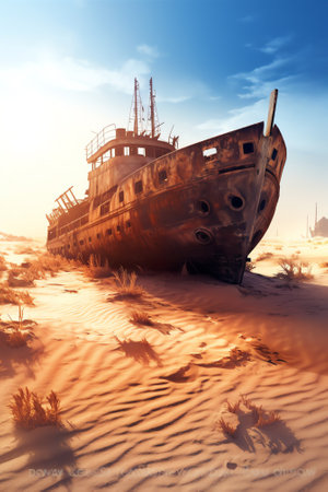Shabby abandoned marine vessels with rusty surface located on sandy coast on sunny dayの素材