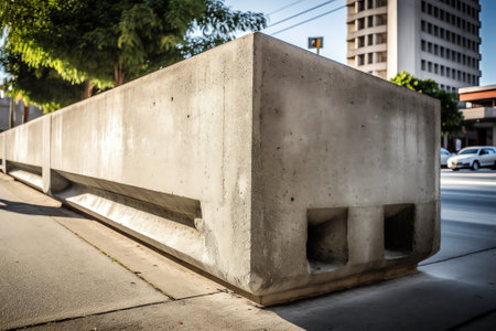 Close up of abandoned concrete barriers beside roadの素材