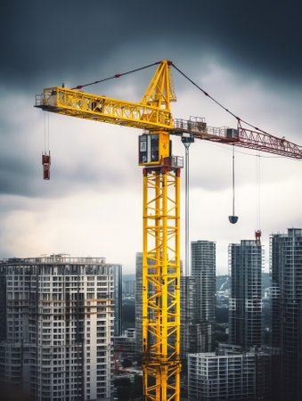 construction site with equipment and building. Skyscraper in construction close-up with a crane. Building construction site. Construction worksの素材