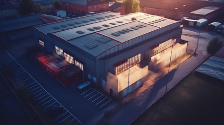 Top view of an empty auto repair shop or car park with natural light. Concept of redesigning the purpose of the premises. Factory or warehouse spaceの素材