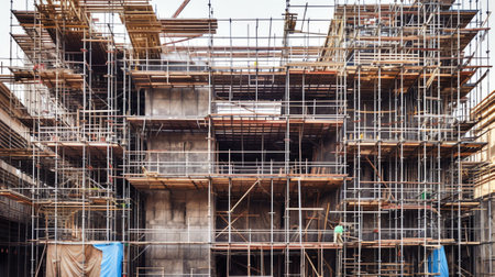 Closeup of scaffolding storage in the construction site. Scaffolding equipment for construction.の素材