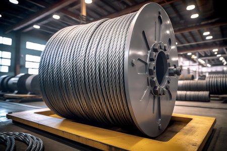the spool is used for unloading cables, wires and pipes. warehouse of old wooden and metal spools by the road at a construction siteの素材