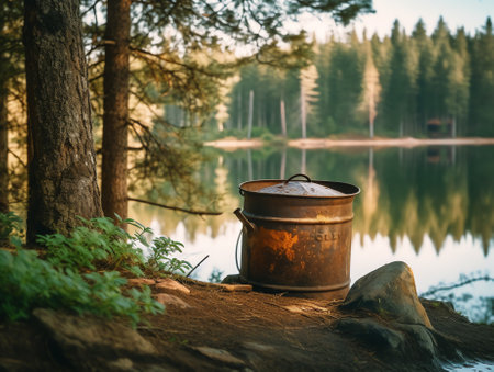 Rusty barrel and traces of the poured oil in the lakeの素材