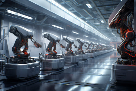 3d rendering robotic arms with empty conveyor beltの素材
