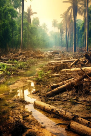 Deforestation environmental problem: Borneo rainforest destroyed to make way for oil palm plantations.の素材