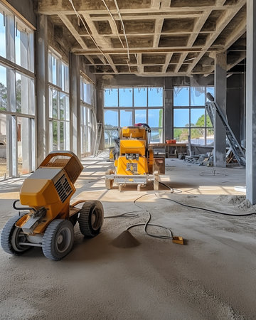 Cement bucket in empty the construction site with scaffolding in the backgroundの素材