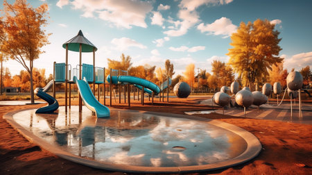 Wooden slide with metal coating, painted blue, standing on the green anti-slip coating in the playground complex in the park with birch trees and golden fallen leaves on an autumnの素材