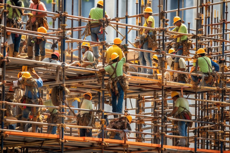 Closeup of scaffolding storage in the construction site. Scaffolding equipment for construction.の素材