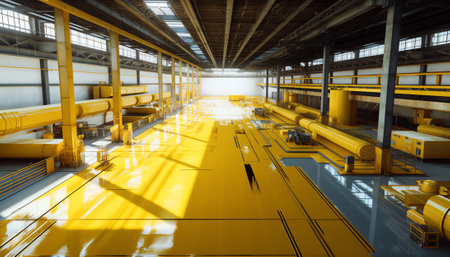 Walkway signs and footsteps are painted yellow on the floor and laid down  yellow lines in the factory.の素材