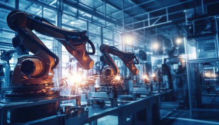 Industry 4.0 Modern Factory: AI Optimized and Automated High-Tech Contemporary Industrial Electronics Manufacturing Plant with CNC Machines and Working on Assembly Line Robot Hand.の素材