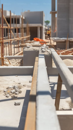 Wheelbarrow in construction site, industrial under construction empty space, architectural ground work toolsの素材
