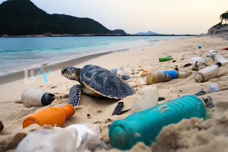 Garbage on beach. Empty use dirty plastic bottle and cap. Environmental pollution. Waste Plastic on beautiful sea.の素材