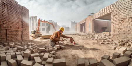 constuction worker with bricks in wheelbarrow at a building siteの素材