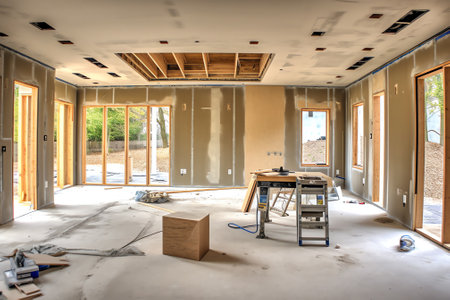 Empty living room after putty work on walls and ceiling in a new build houseの素材