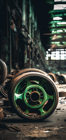 Close-up of gas cylinders in an abandoned industrial production workshopの素材