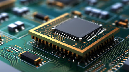 Small electronics integrated circuit IC on empty printed circuit board ready for hand assemblyの素材